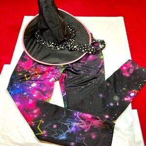 WITCH costume older girls Large pink green black star pants and black WITCH hat